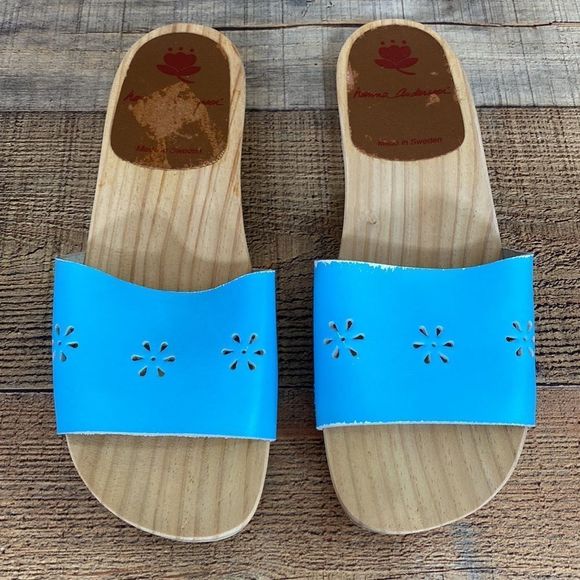 Hanna Andersson Blue Laser Cutout Slides Wood Sandals Womens 39 Slip On - Picture 3 of 16